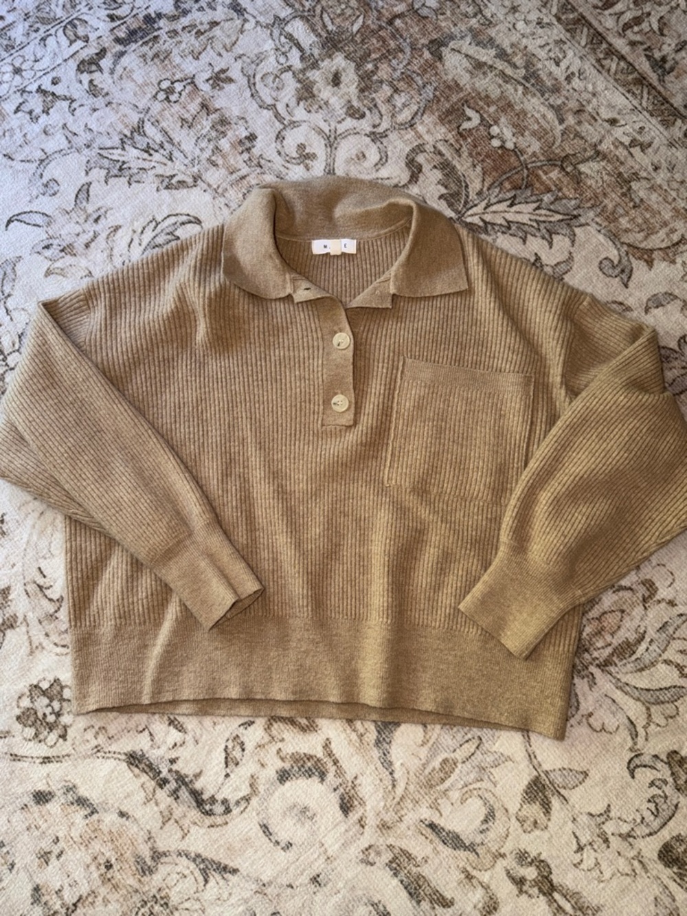 Relaxed Rib-Knit Polo Sweater in Tan